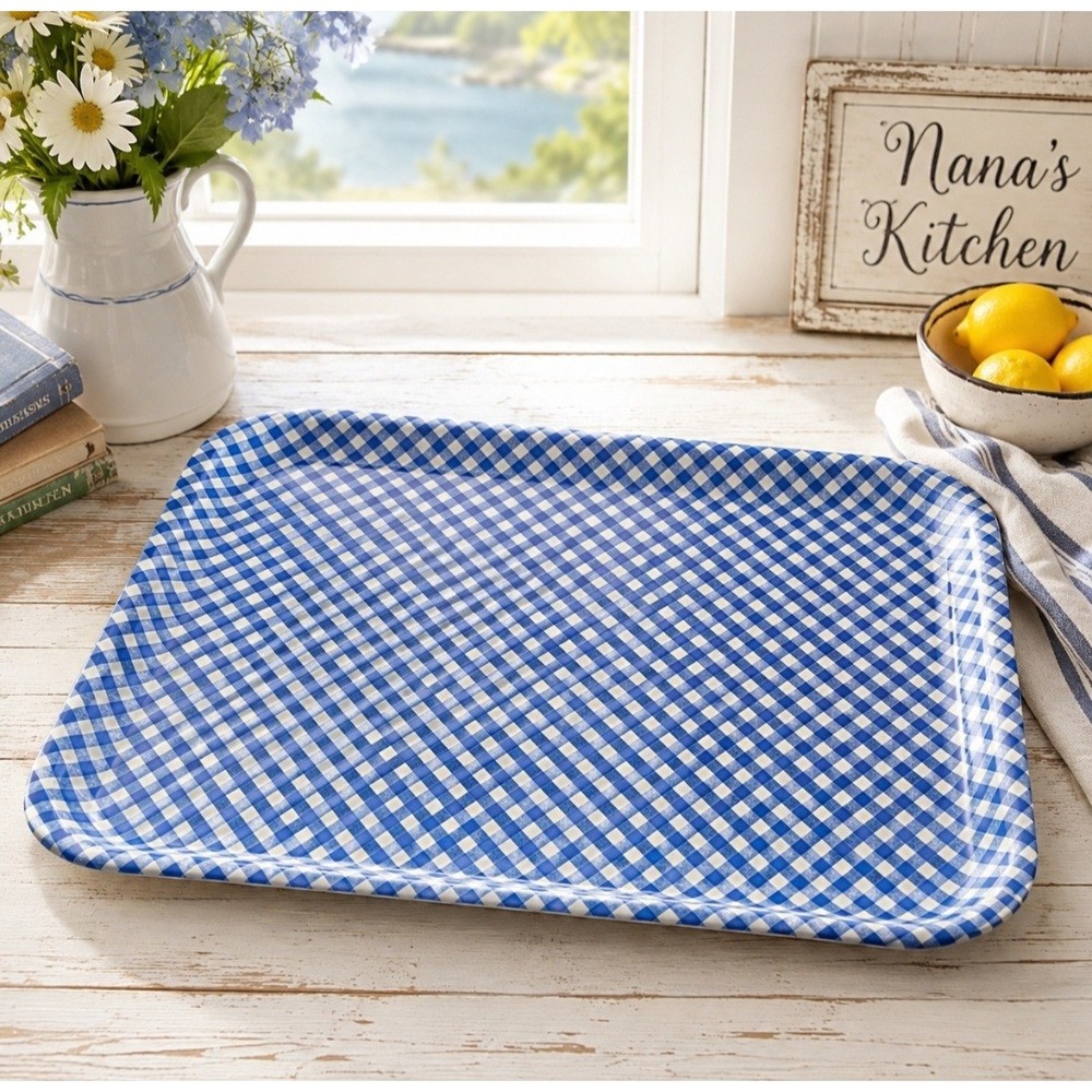 Vintage Blue & White Gingham Check Metal Serving Tray 13.75" Cottage Farmhouse